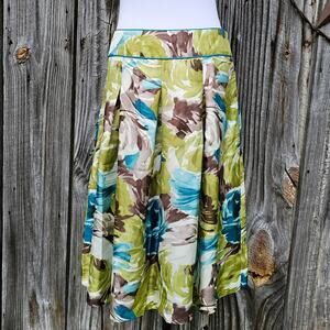 Floral Silk A-Line Skirt Talbots Size 4 Green Blue Brown Pleated Roses Flowers